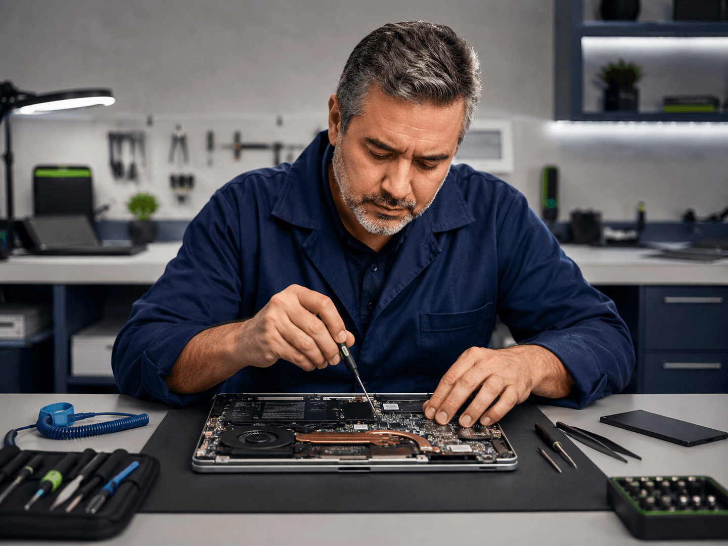 Técnico realizando conserto e manutenção em um notebook aberto